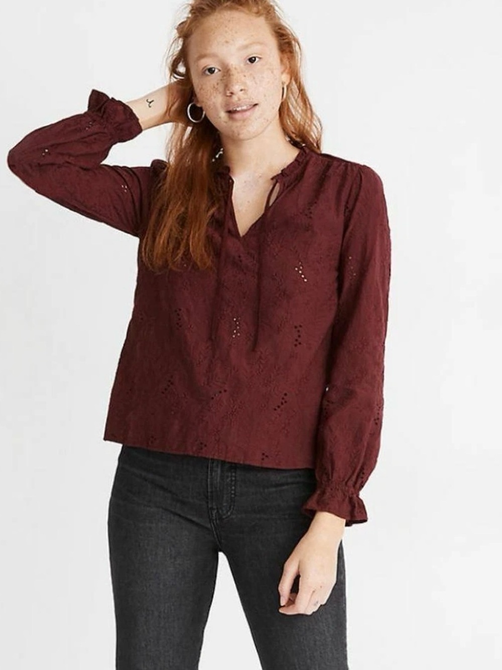 Madewell Burgundy Eyelet Peasant Top